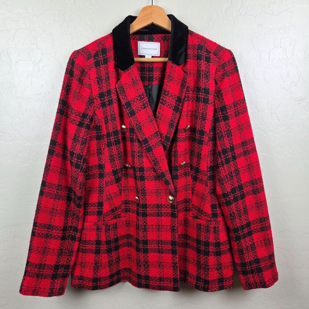 Charter Club Plaid Tweed Holiday Christmas Blazer Jacket Velvet Collar Red Sz 8